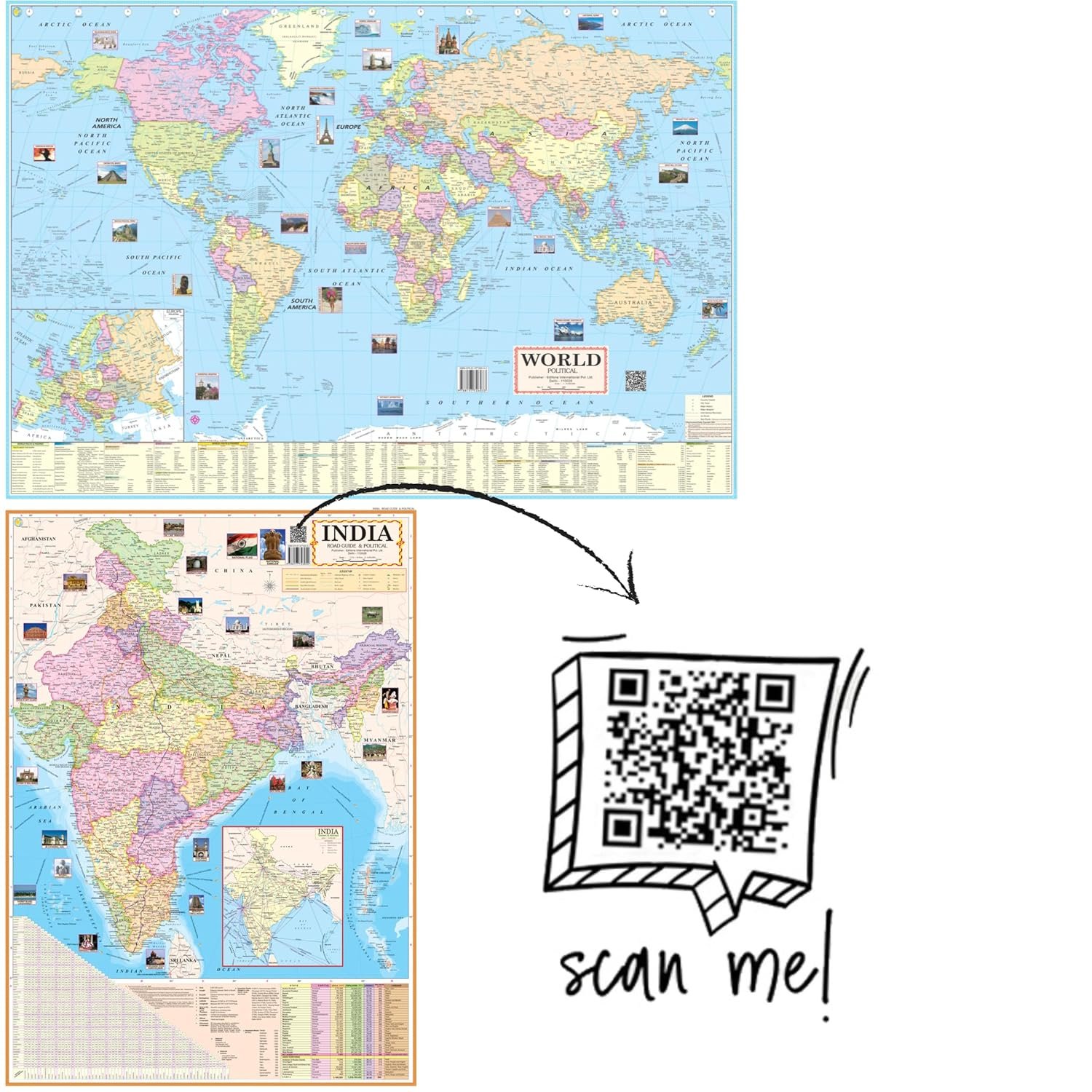 Editone International India & World Political Map for Wall with competitive exam books