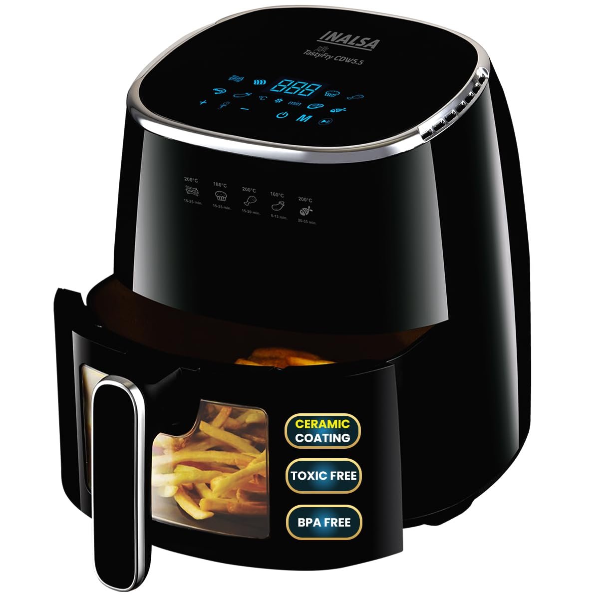 INALSA Air Fryer for Home 5.5 L Ceramic‑Coated 1600 W|Digital Touch Panel, air fryer